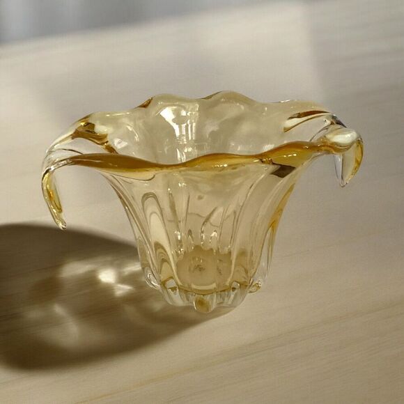 Vintage Teleflora Amber Clear Art Glass Vase Ribbed Drip Waterfall Tulip - Picture 7 of 7